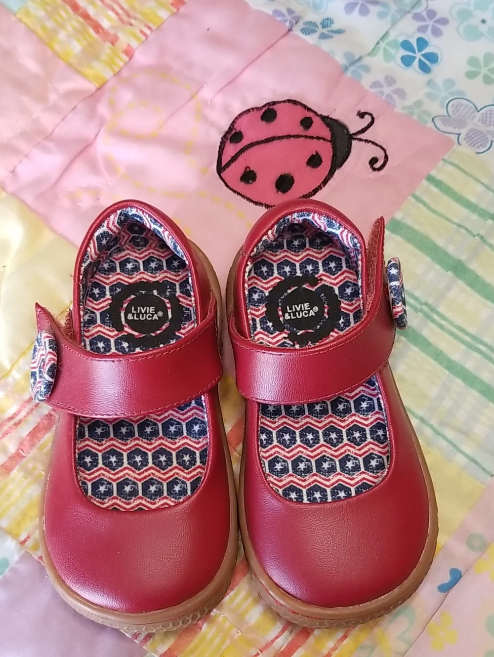 Livie & Luca Red Mary Jane Shoes with Patterned Lining & Buttons Size 5